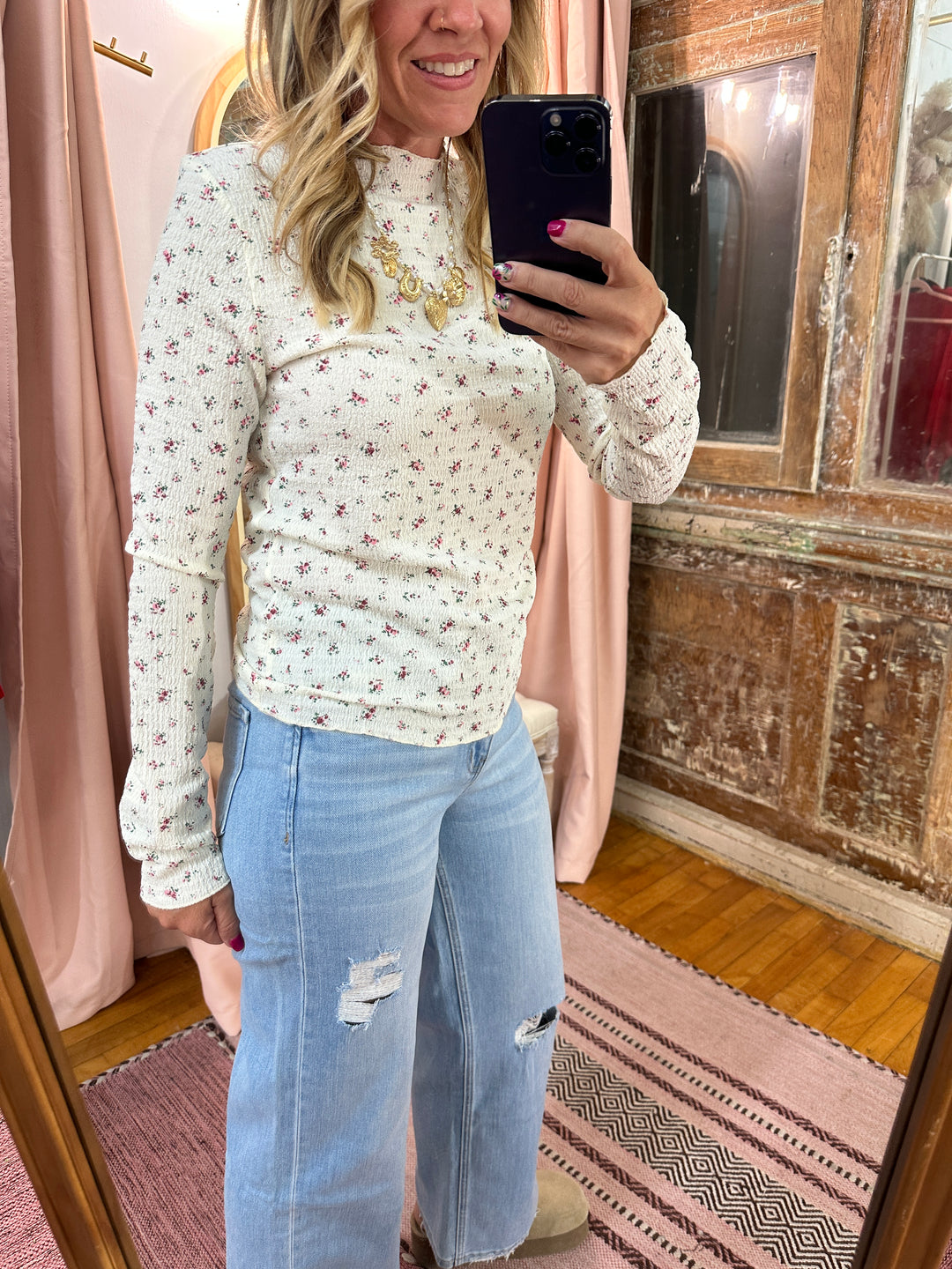 Floral Crinkled Mock Neck Top