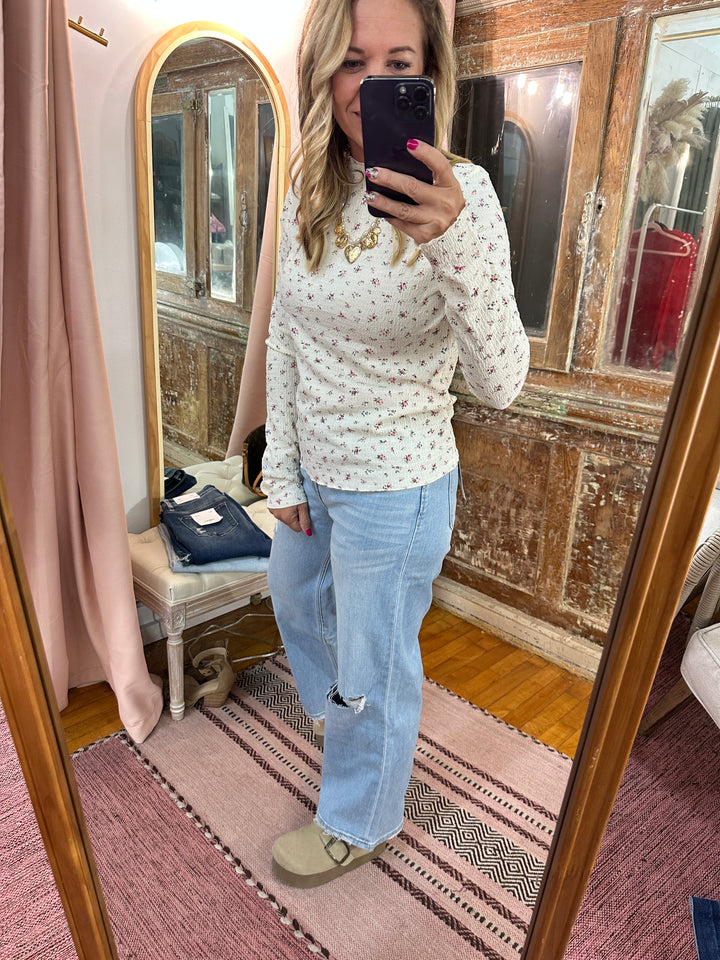 Floral Crinkled Mock Neck Top