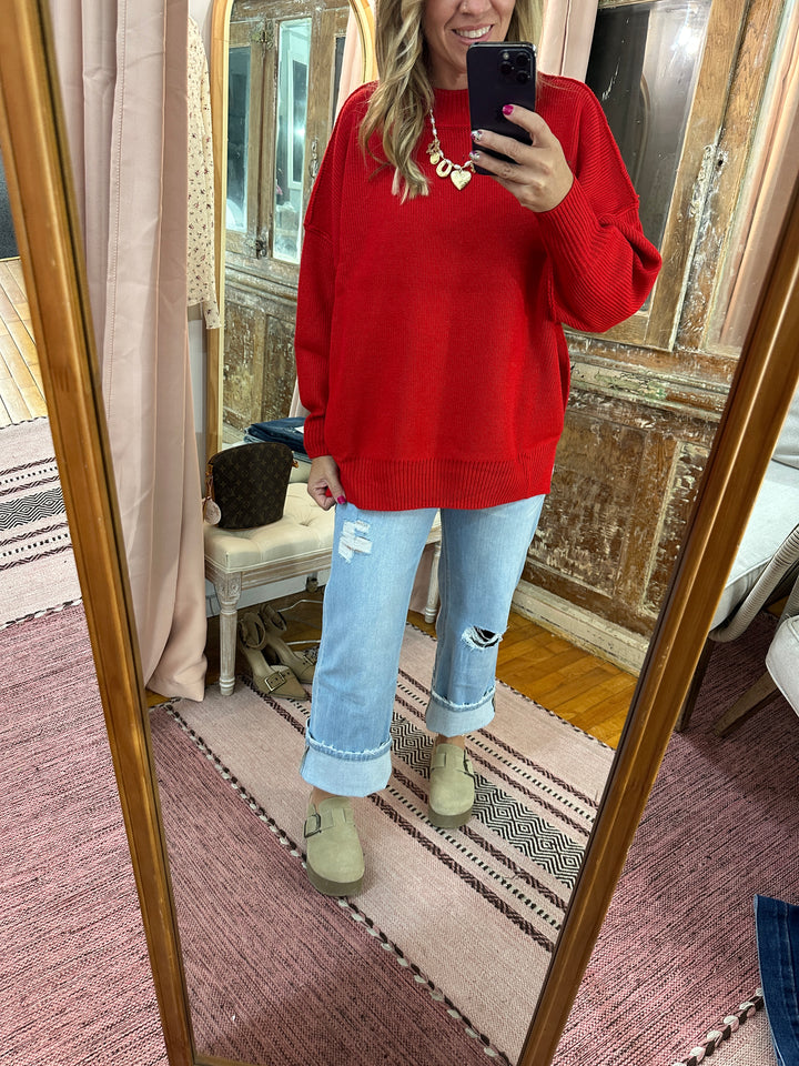 Red Drop Shoulder Mock Neck Sweater