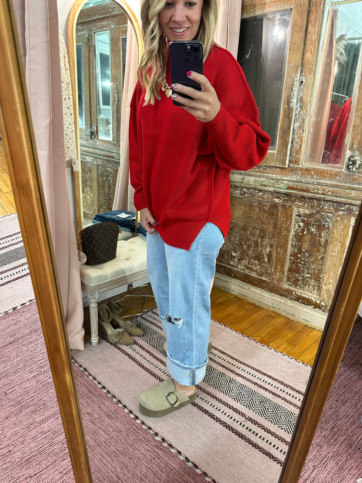 Red Drop Shoulder Mock Neck Sweater