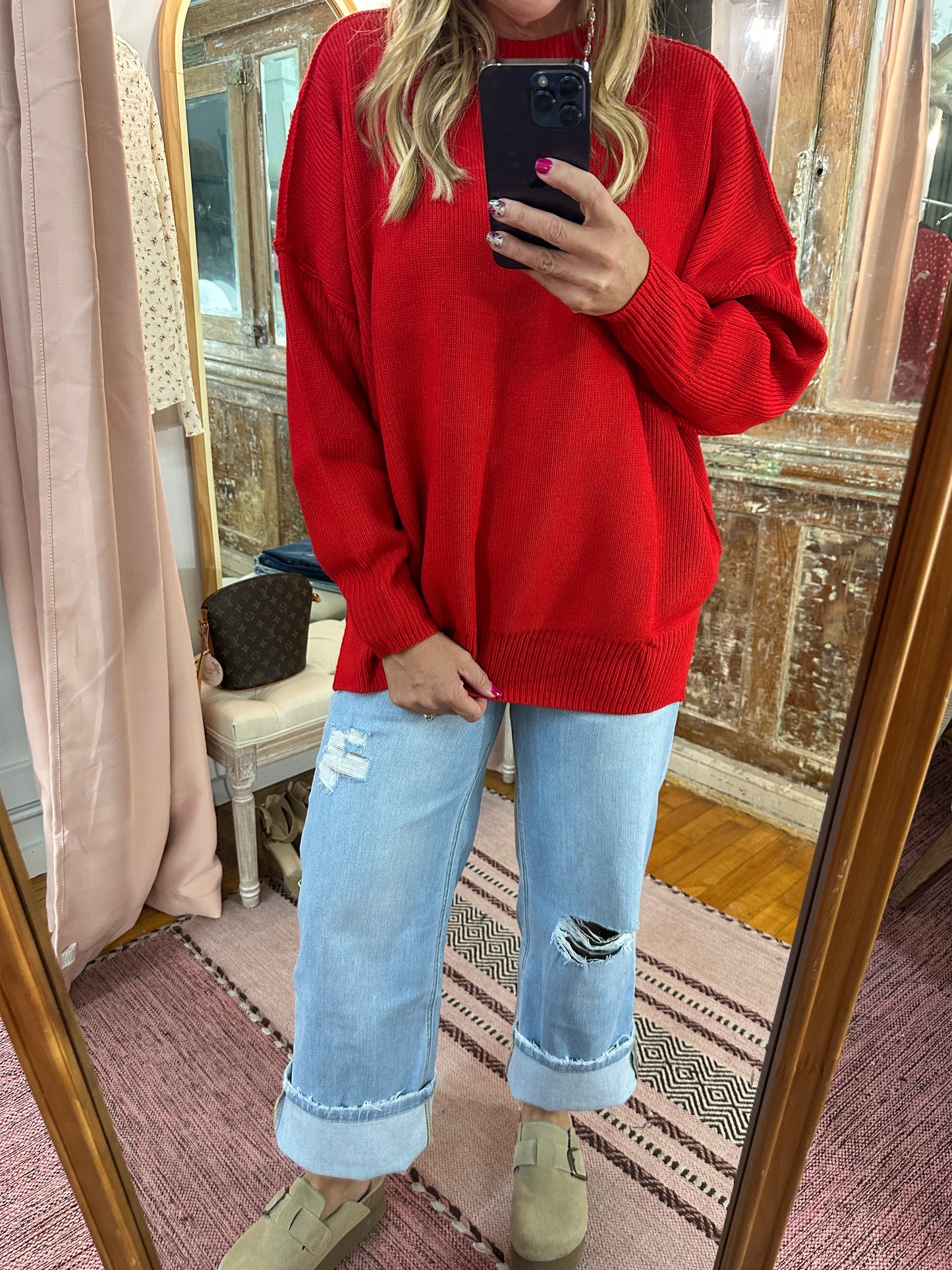 Red Drop Shoulder Mock Neck Sweater