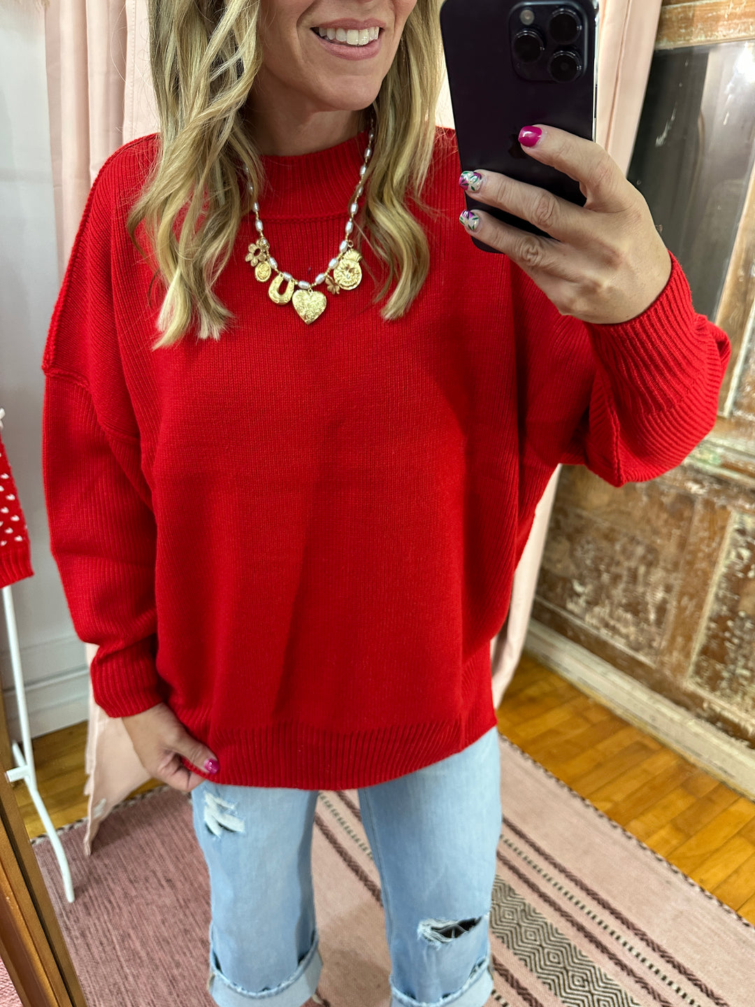 Red Drop Shoulder Mock Neck Sweater