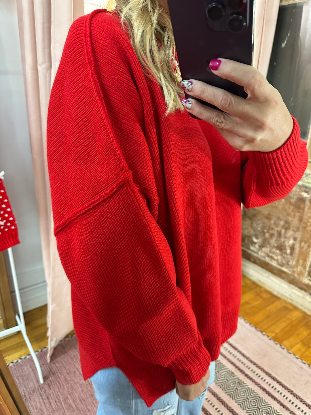 Red Drop Shoulder Mock Neck Sweater