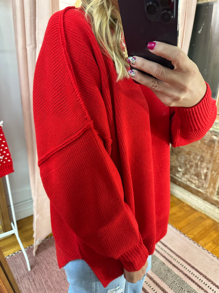 Red Drop Shoulder Mock Neck Sweater