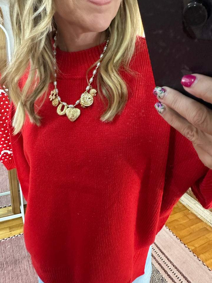 Red Drop Shoulder Mock Neck Sweater