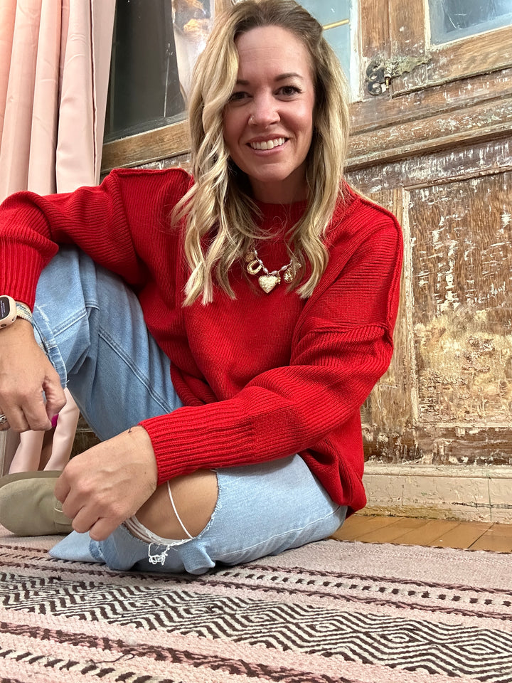 Red Drop Shoulder Mock Neck Sweater