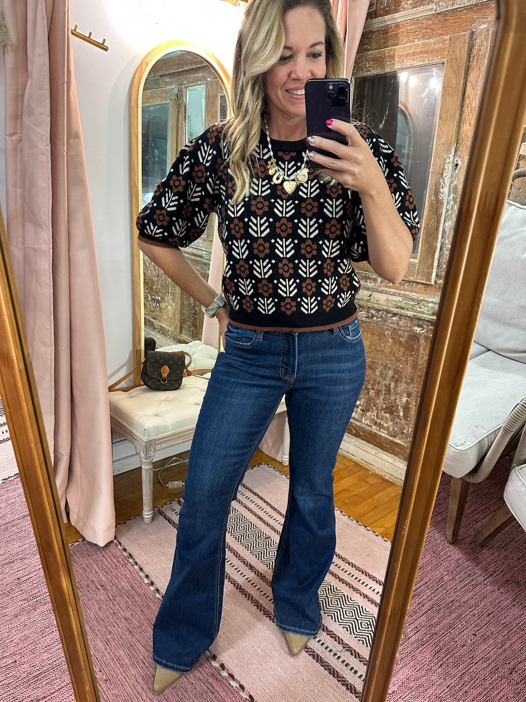 Short Puff Sleeve Floral Sweater