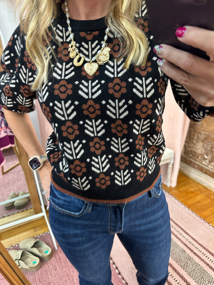 Short Puff Sleeve Floral Sweater