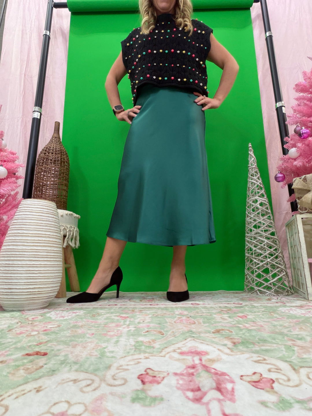 Evergreen Satin Midi Skirt