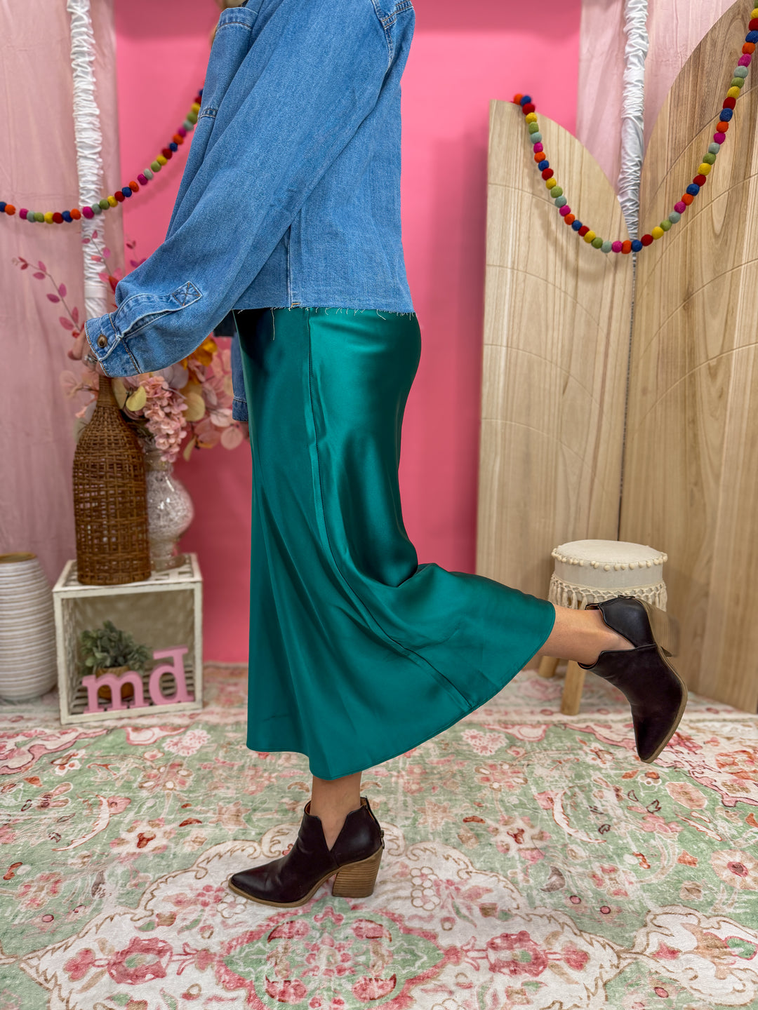 Evergreen Satin Midi Skirt