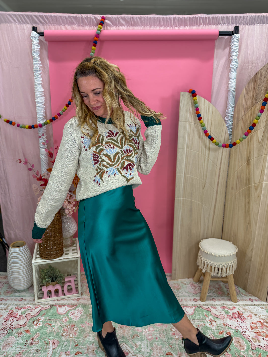 Evergreen Satin Midi Skirt