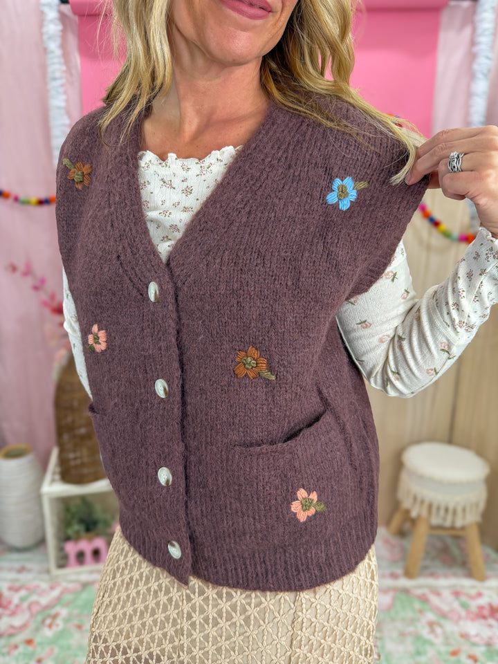 Brushed Floral Embroidered Vest