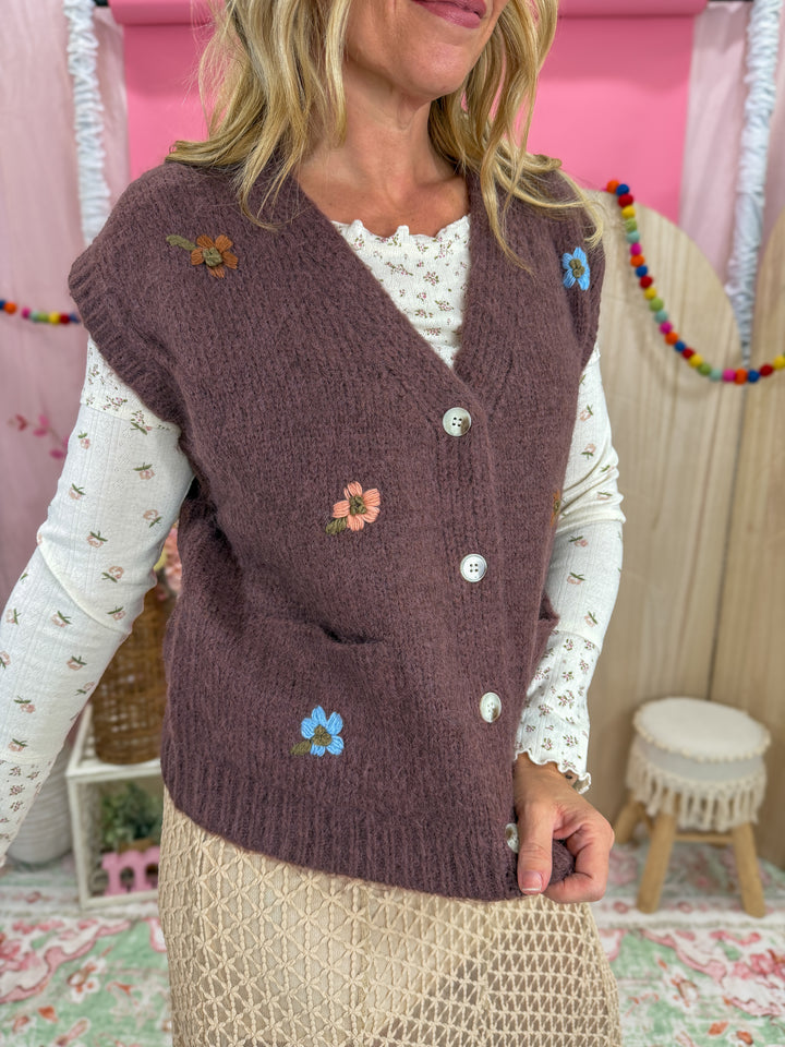 Brushed Floral Embroidered Vest