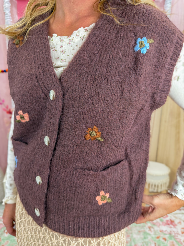 Brushed Floral Embroidered Vest