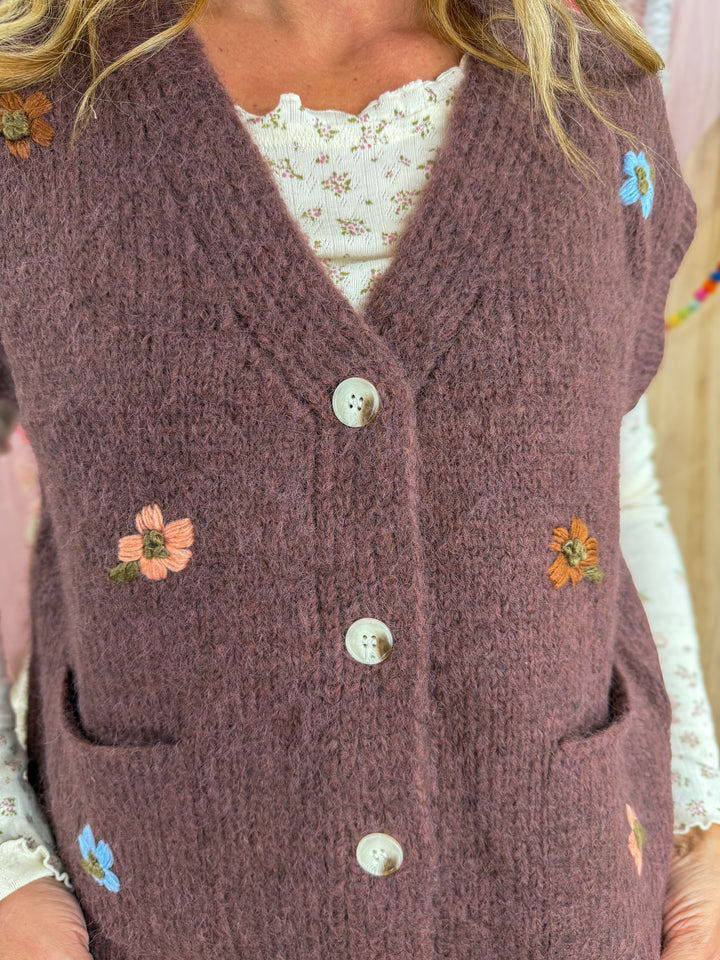 Brushed Floral Embroidered Vest