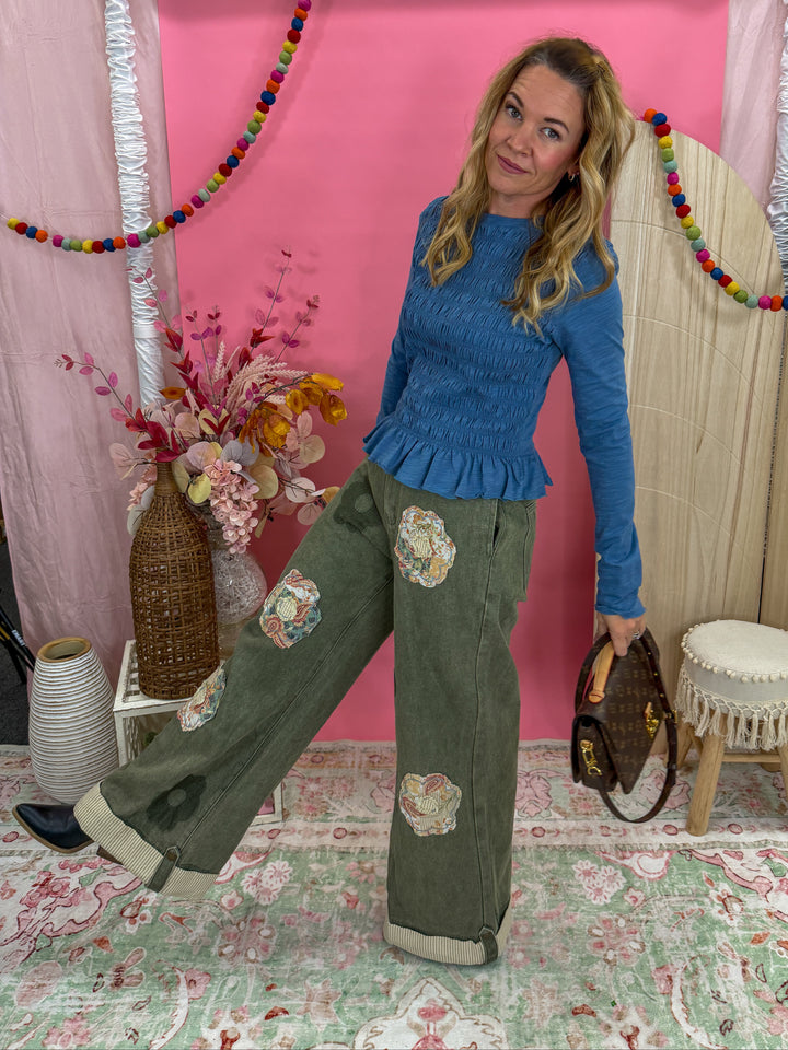 Smocked Slub Knit Top - Blue