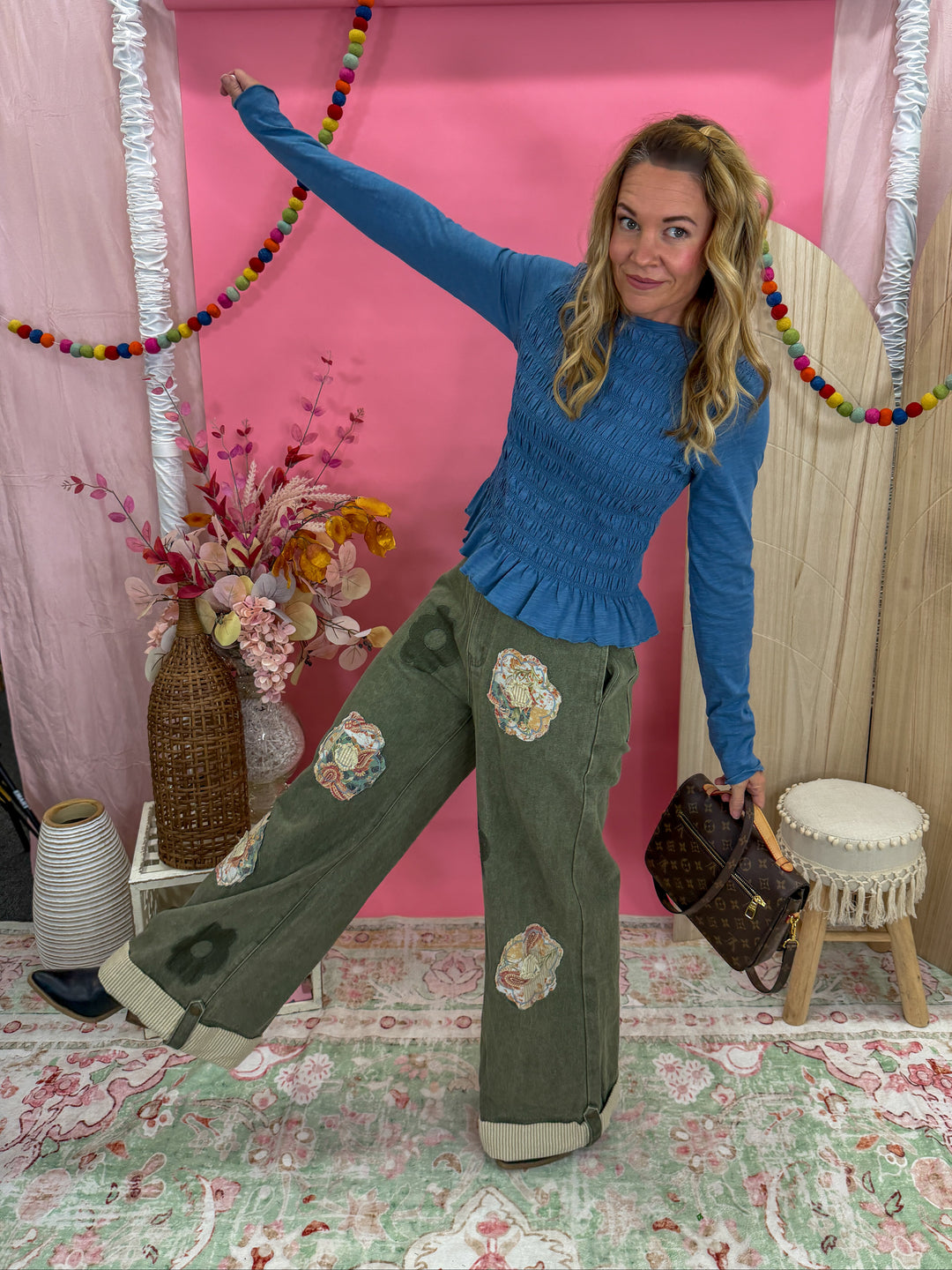 Smocked Slub Knit Top - Blue