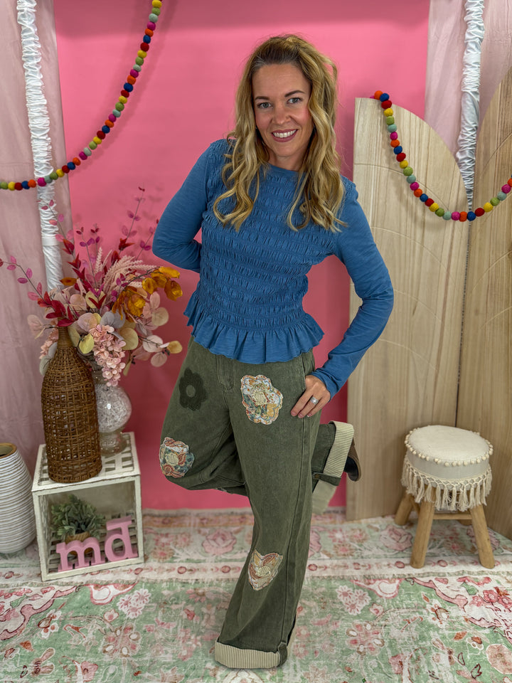 Smocked Slub Knit Top - Blue