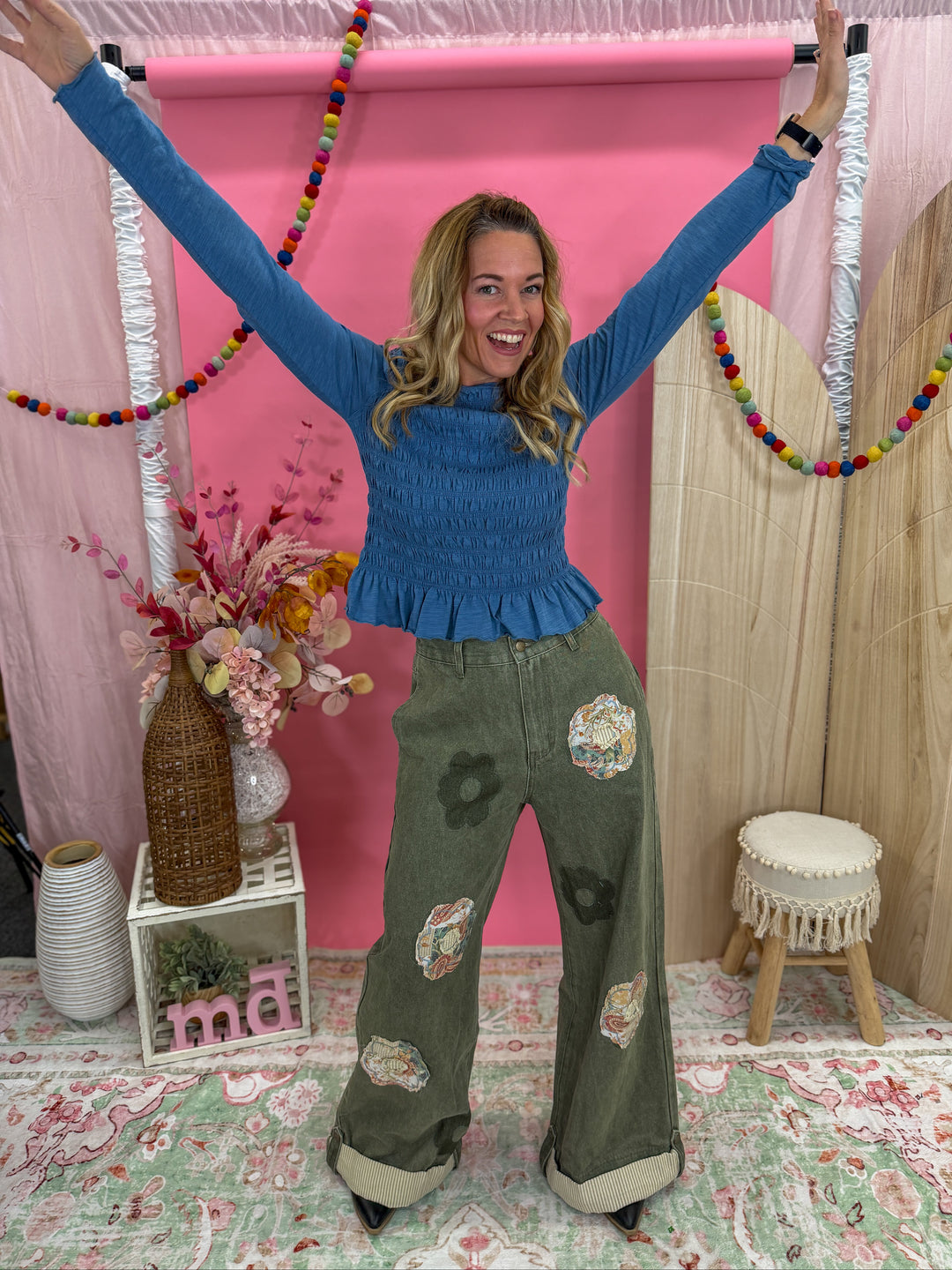 Smocked Slub Knit Top - Blue