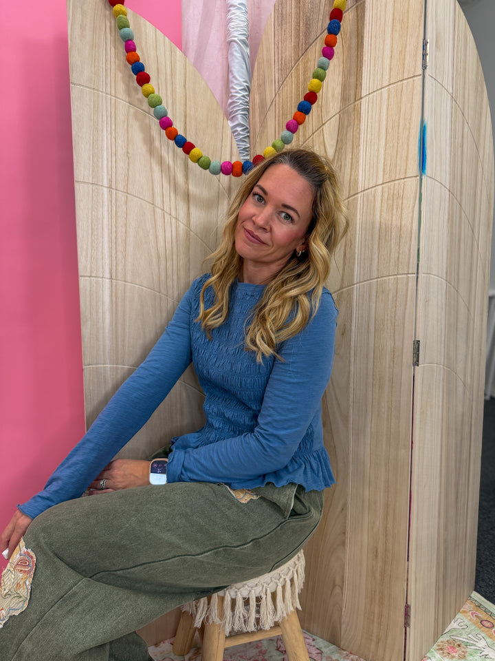 Smocked Slub Knit Top - Blue