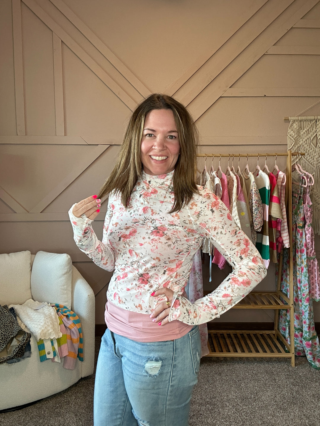 Pink Floral Mesh Top