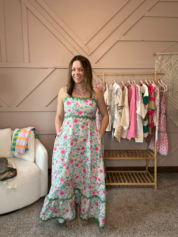 Floral Rayon Ric Rack Maxi Dress