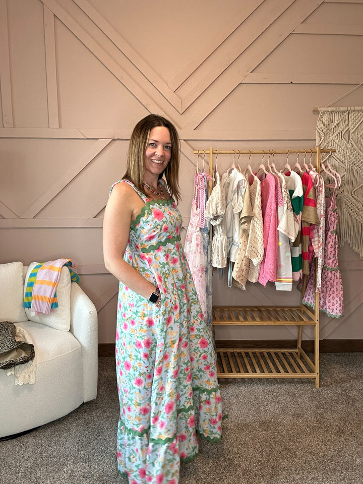 Floral Rayon Ric Rack Maxi Dress