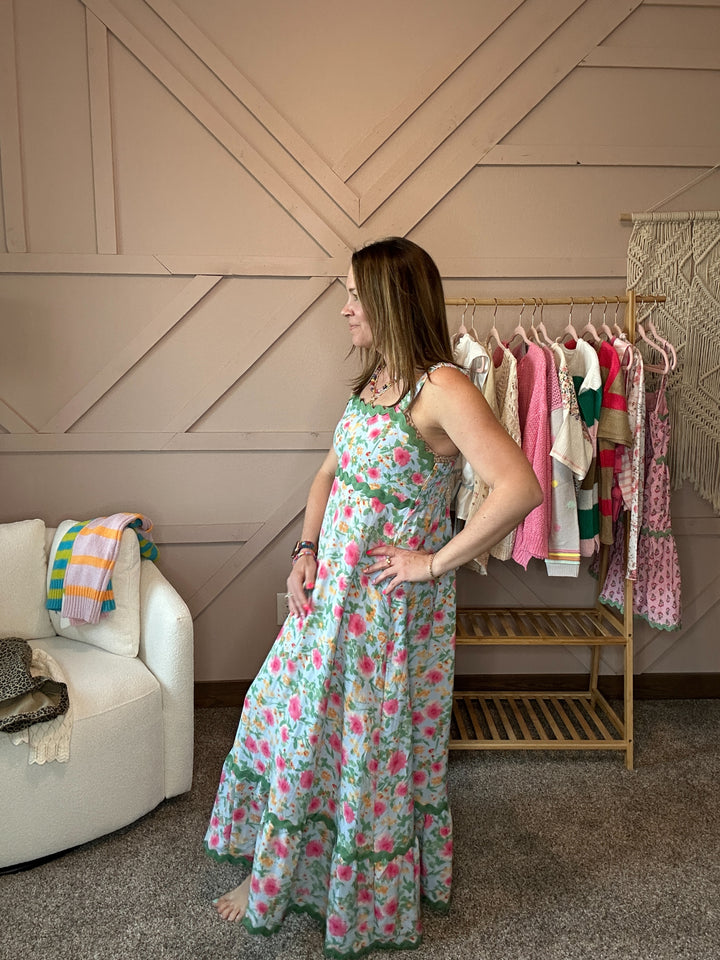 Floral Rayon Ric Rack Maxi Dress