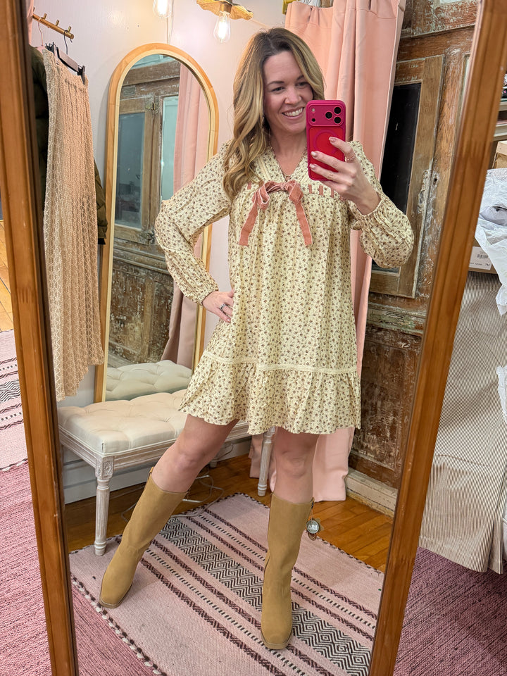 Floral Printed Front Bow Mini Dress