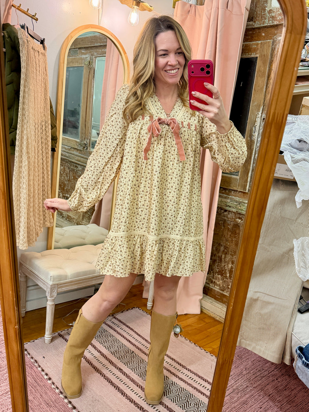 Floral Printed Front Bow Mini Dress