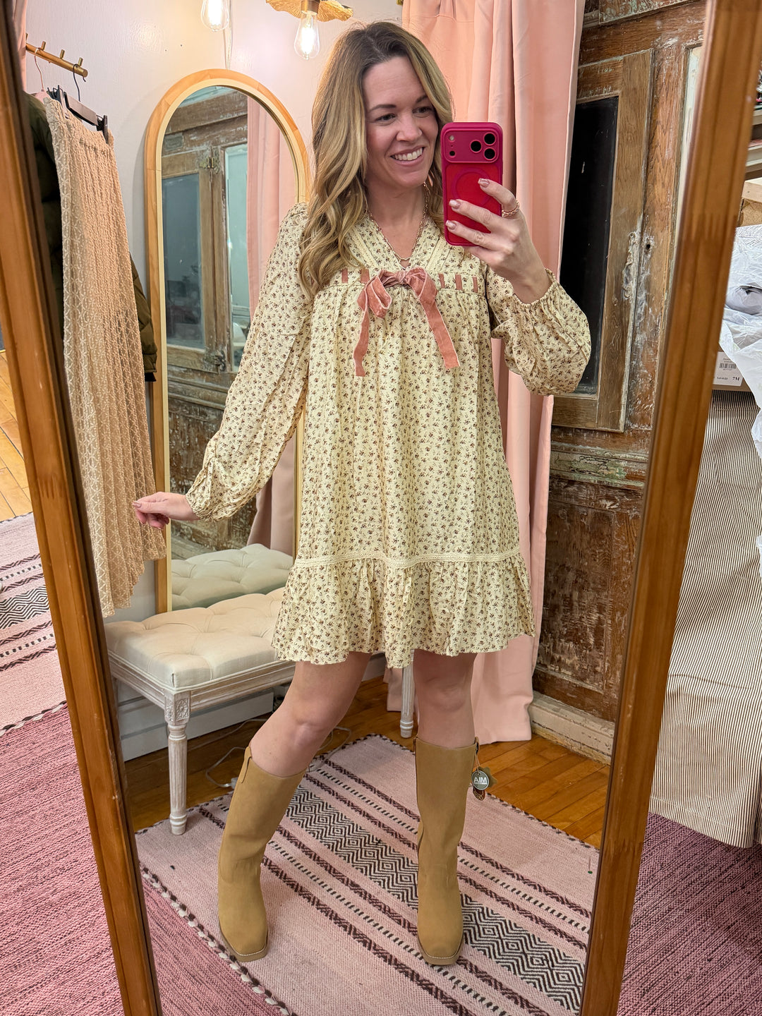 Floral Printed Front Bow Mini Dress