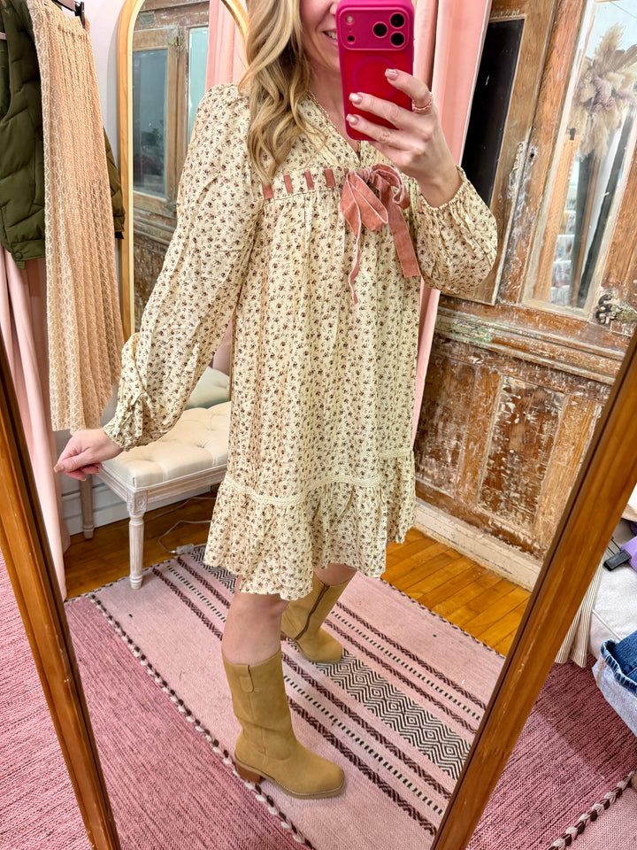 Floral Printed Front Bow Mini Dress