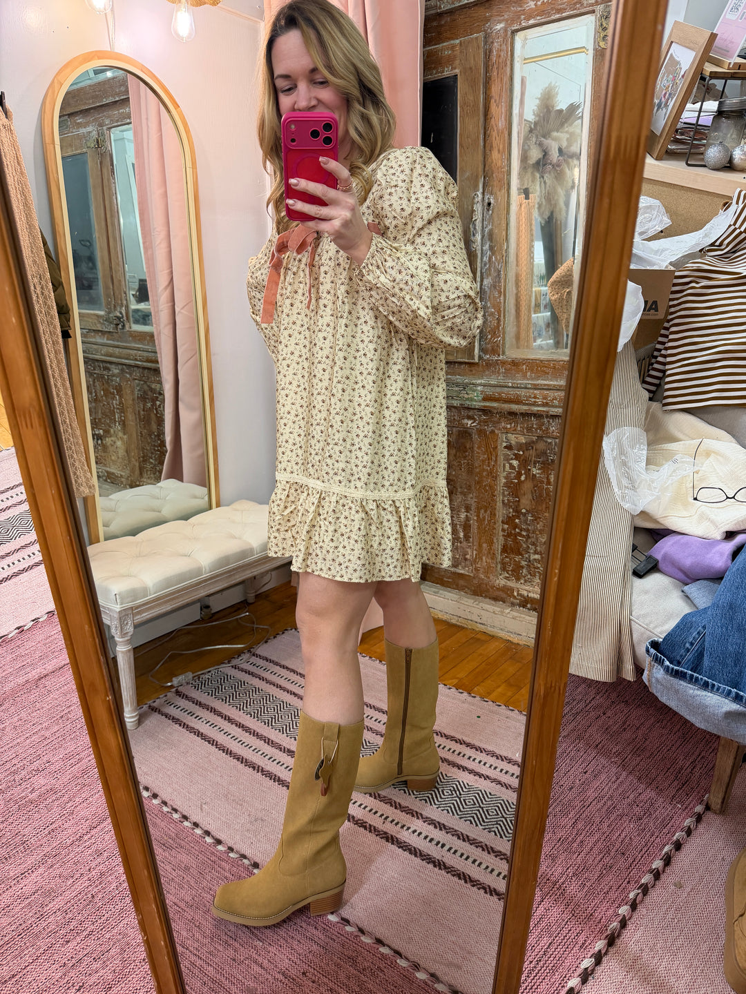 Floral Printed Front Bow Mini Dress