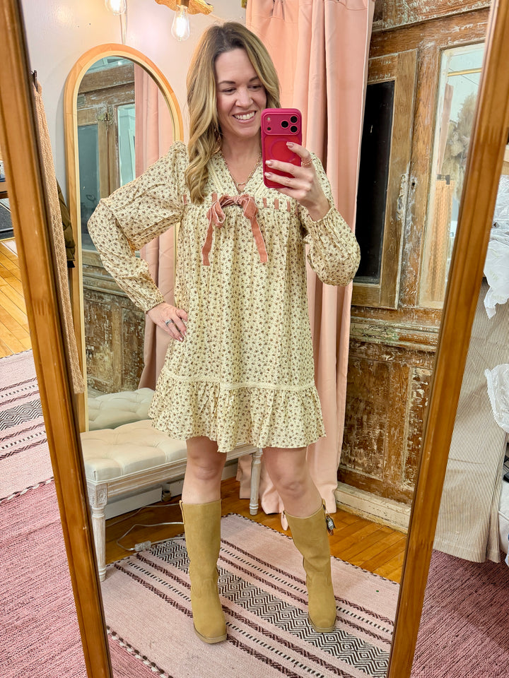 Floral Printed Front Bow Mini Dress