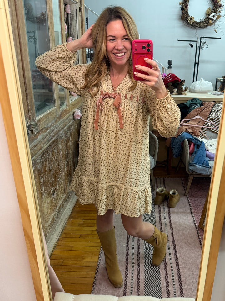 Floral Printed Front Bow Mini Dress