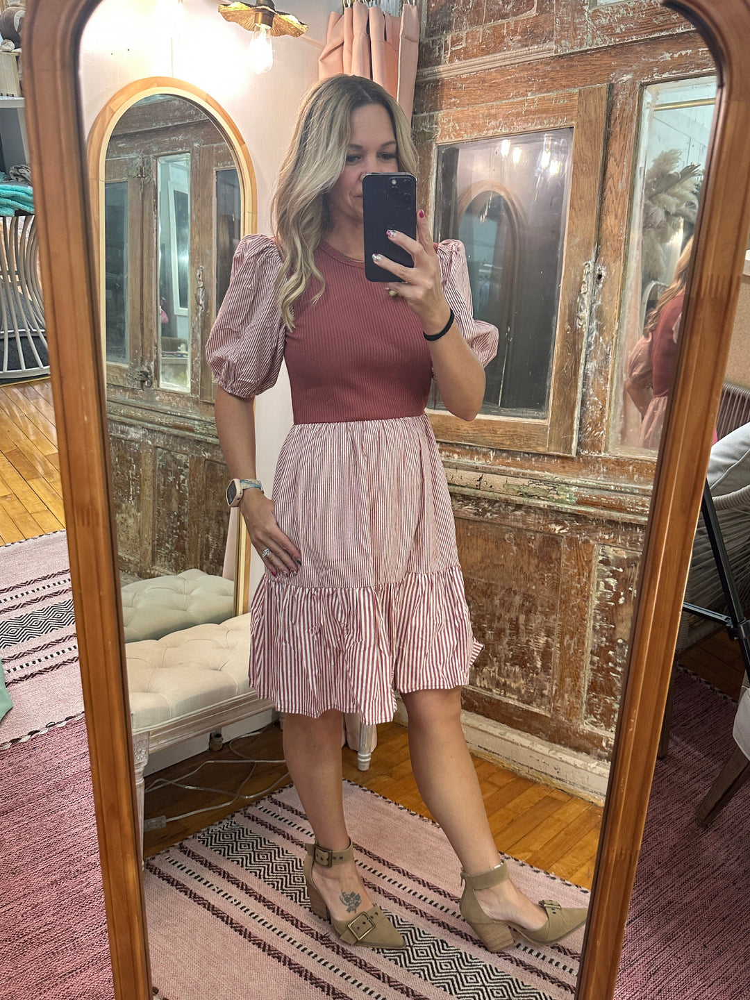 Red Bean Ribbed and Striped Dress