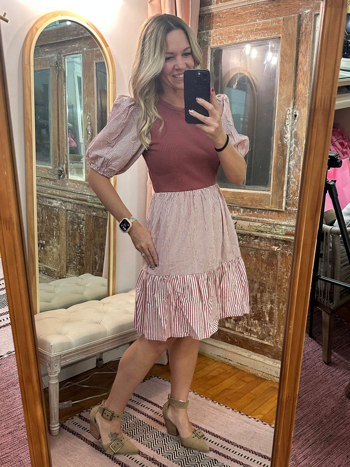 Red Bean Ribbed and Striped Dress