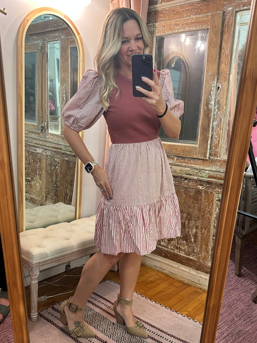 Red Bean Ribbed and Striped Dress