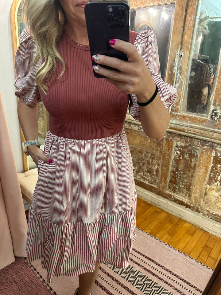 Red Bean Ribbed and Striped Dress