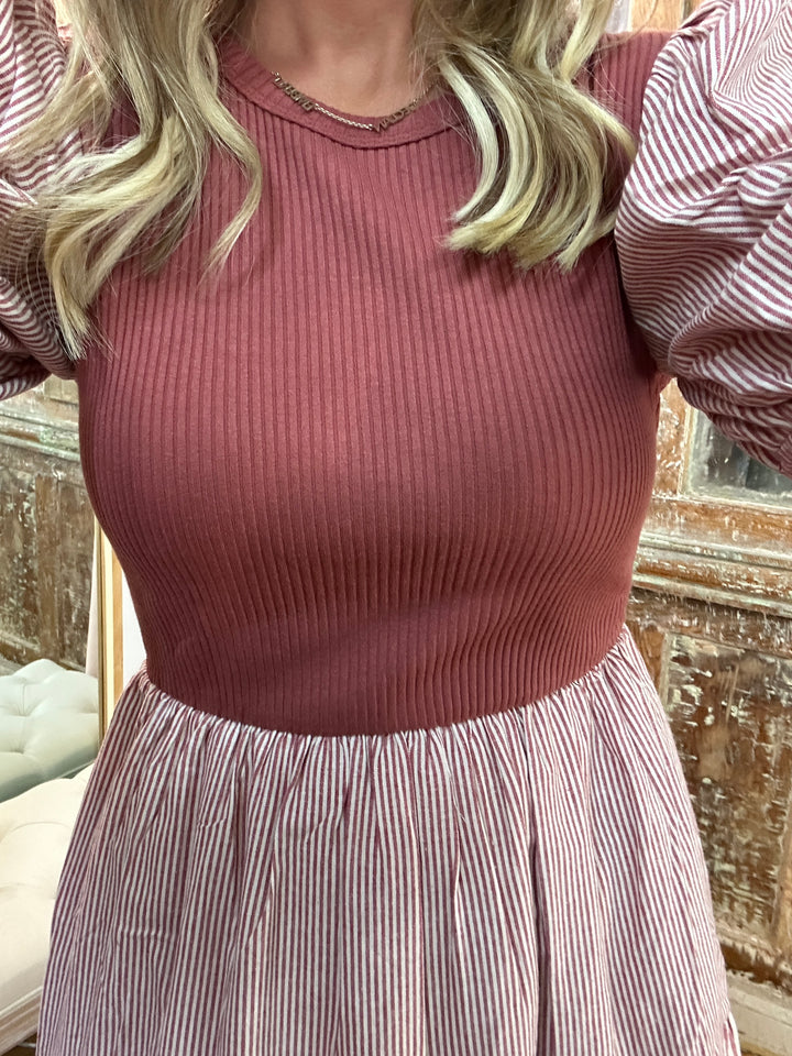 Red Bean Ribbed and Striped Dress