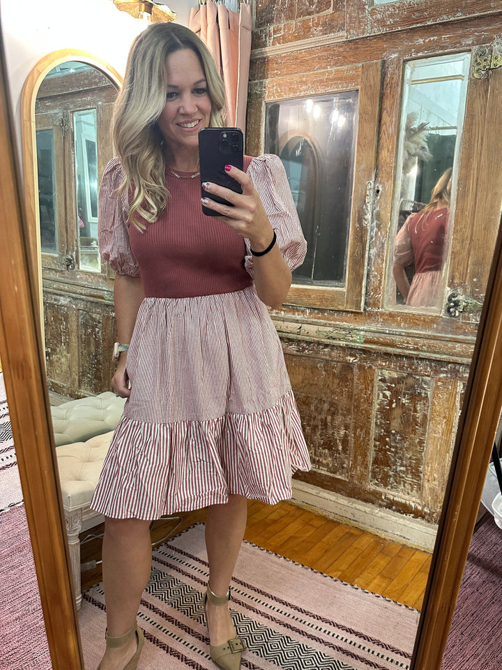 Red Bean Ribbed and Striped Dress