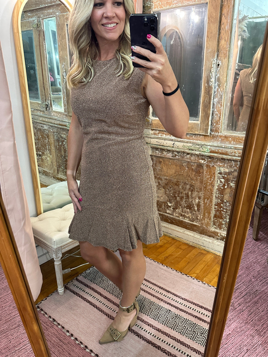 Metallic Ruffle Hem Mini Dress