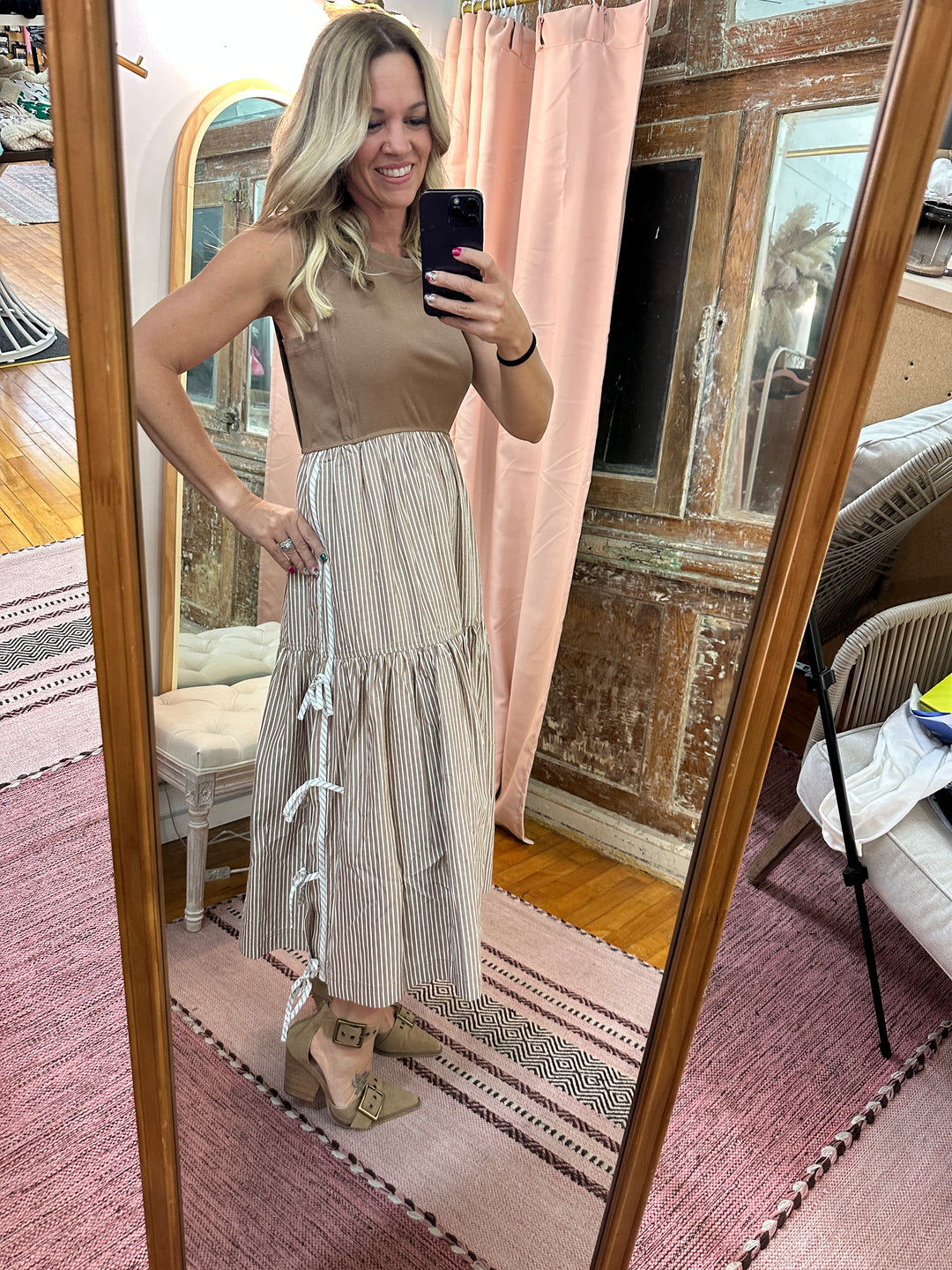 Striped Side Bow Midi Dress