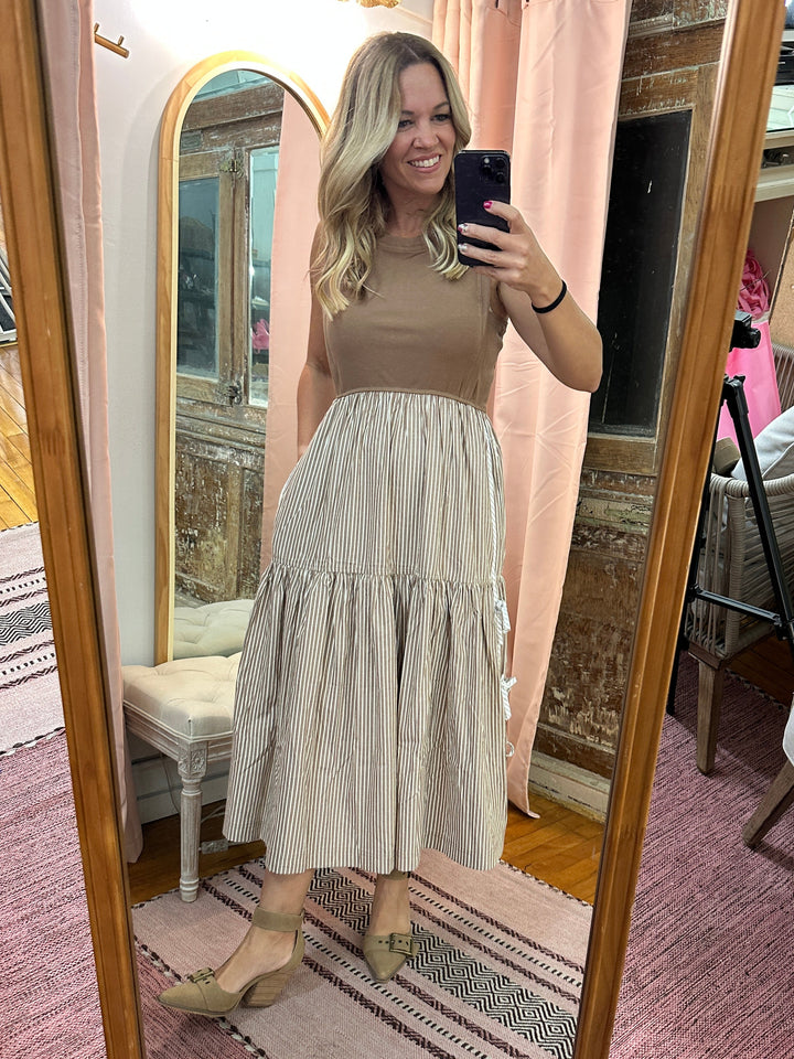 Striped Side Bow Midi Dress