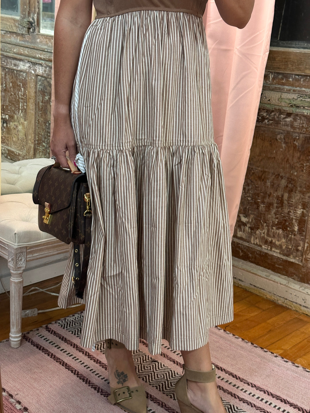 Striped Side Bow Midi Dress