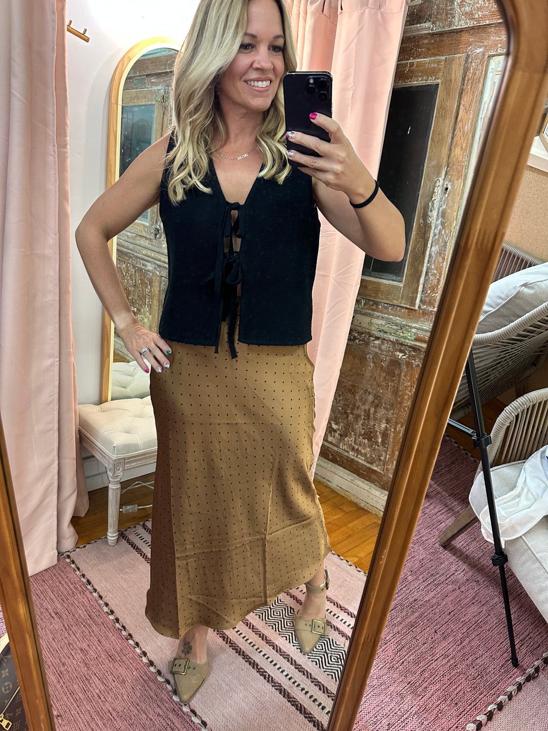 Polka Dot Satin Midi Skirt