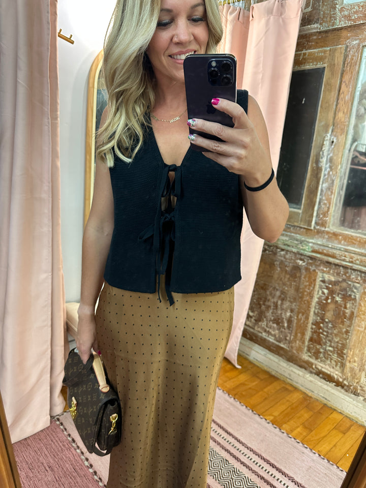 Polka Dot Satin Midi Skirt