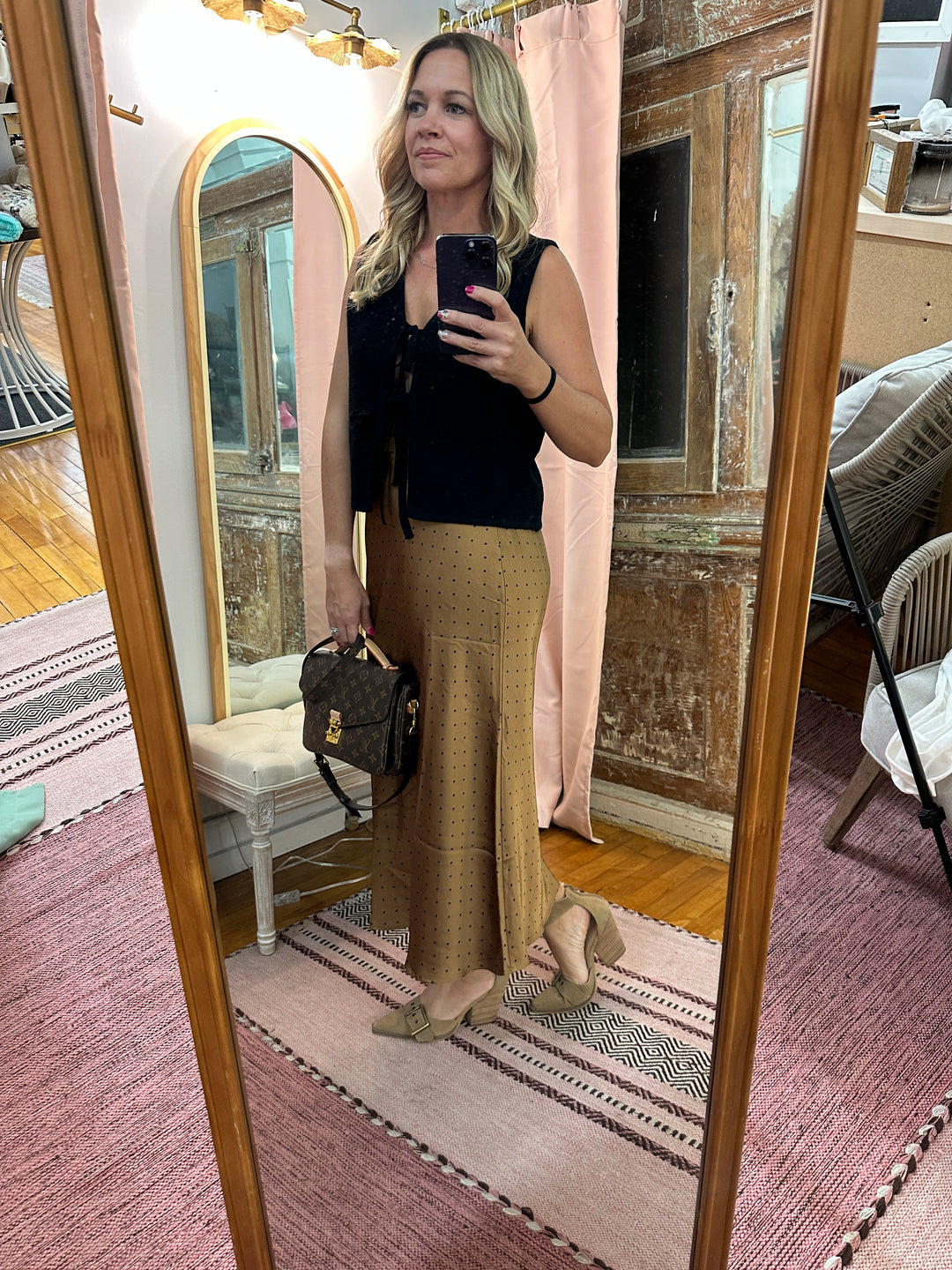 Polka Dot Satin Midi Skirt