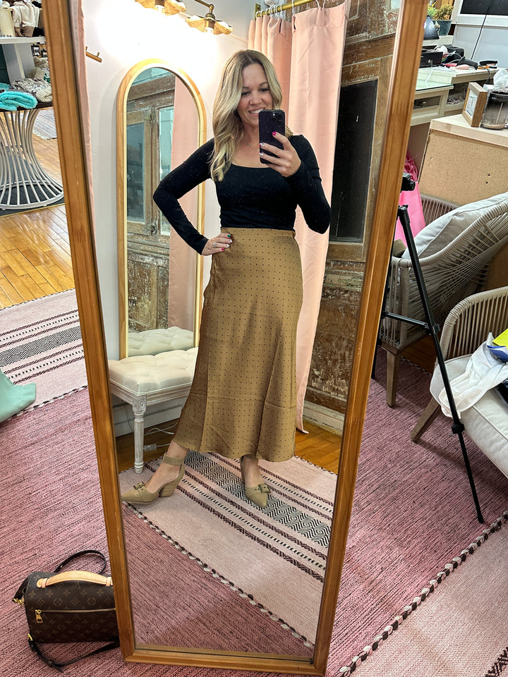 Polka Dot Satin Midi Skirt