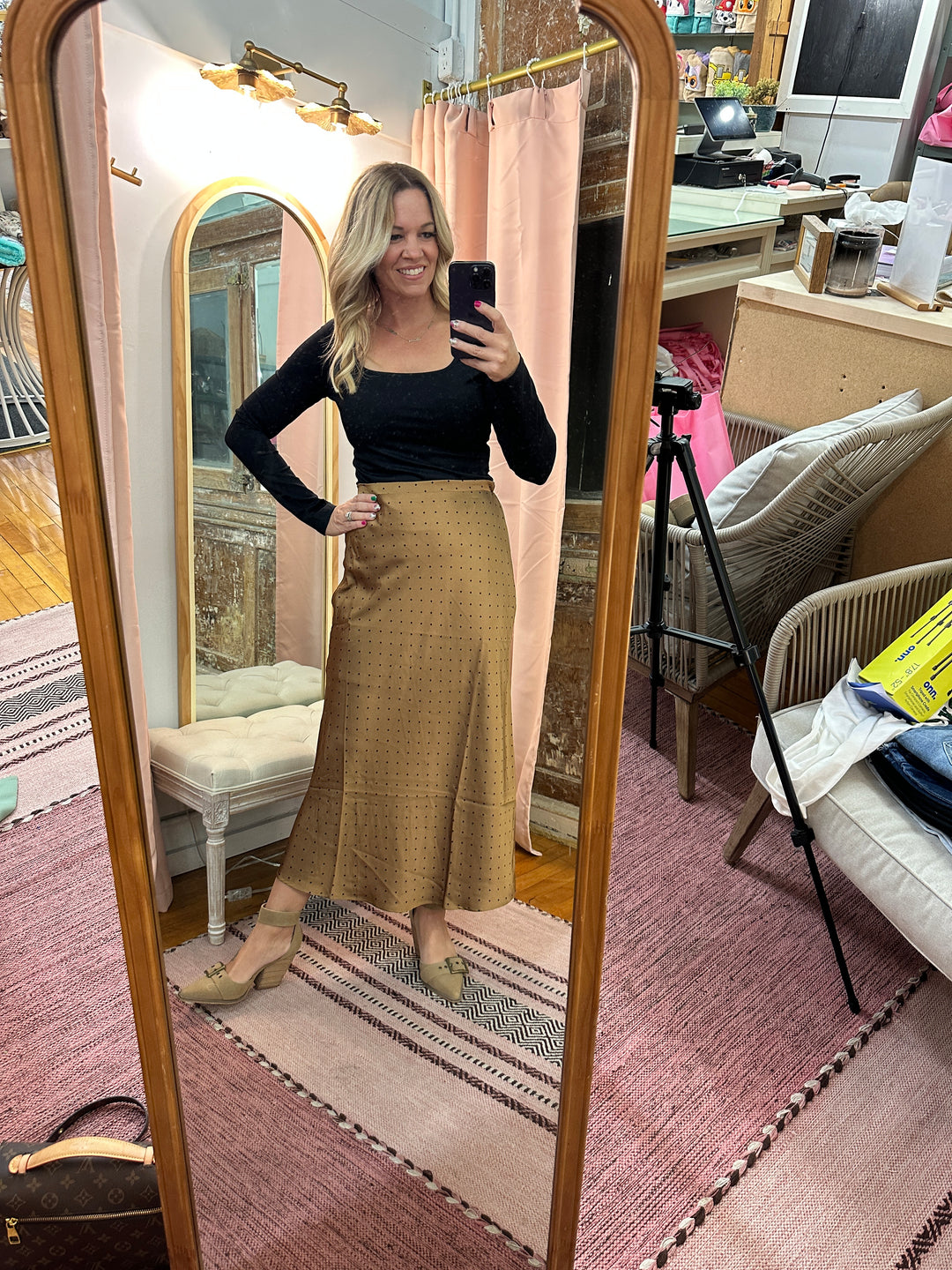 Polka Dot Satin Midi Skirt